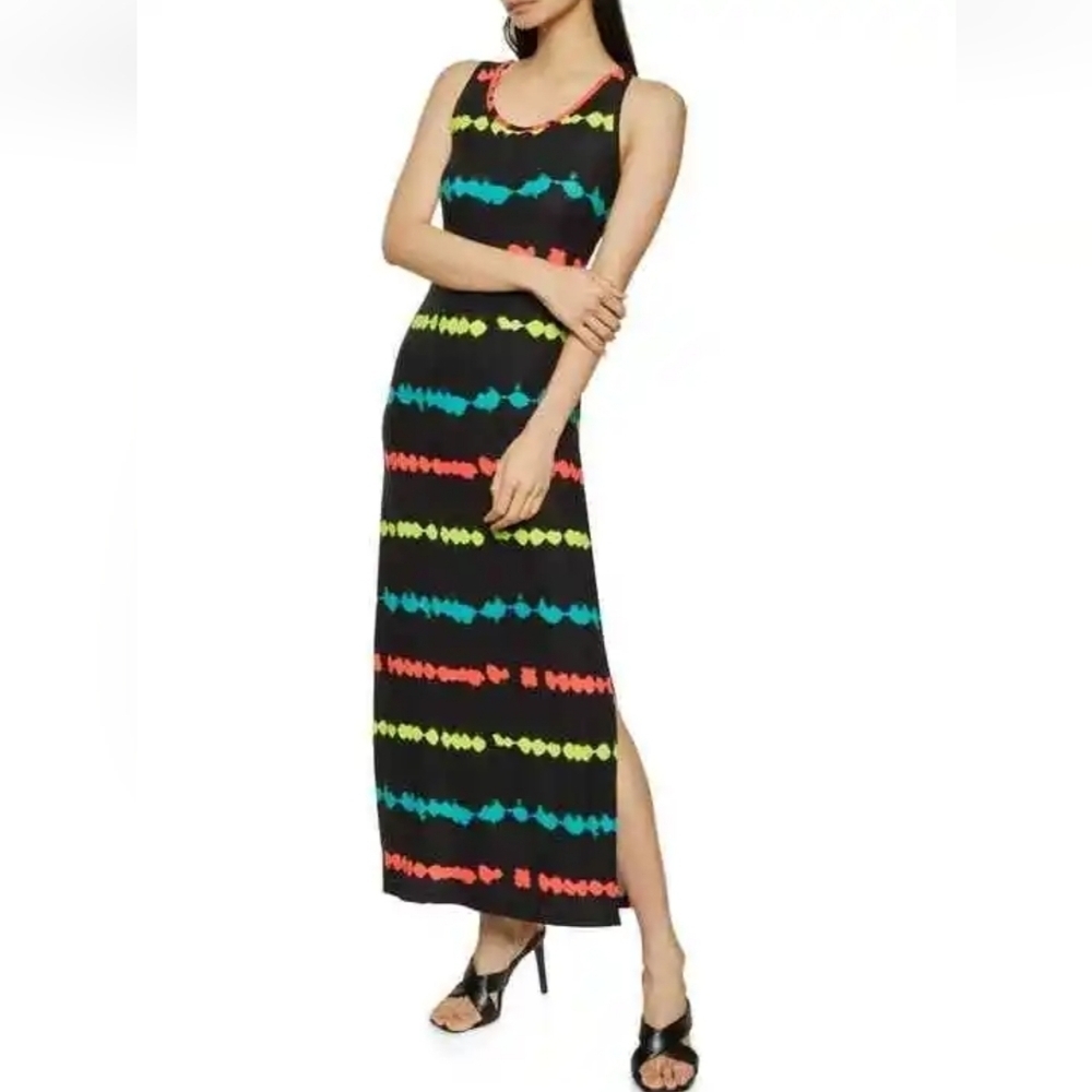 LOVE Black Tie Dye Striped Sleeveless Bodycon Slitted Racerback Maxi Dress XL - Picture 2 of 12